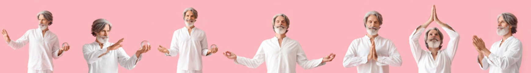 Set of mature male guru with crystal ball on pink background