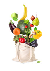 Shopping bag with flying fresh vegetables and fruits on white background