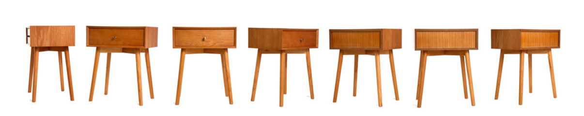 Set of wooden bedside table on white background