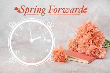 Beautiful carnation flowers and notebook with drawing of clock on light background. Spring forward