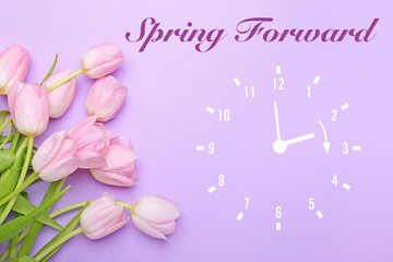 Obraz na płótnie Canvas Beautiful tulip flowers and drawing of clock on lilac background. Spring forward