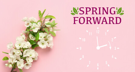 Beautiful blossoming tree branch and drawing of clock on pink background. Spring forward