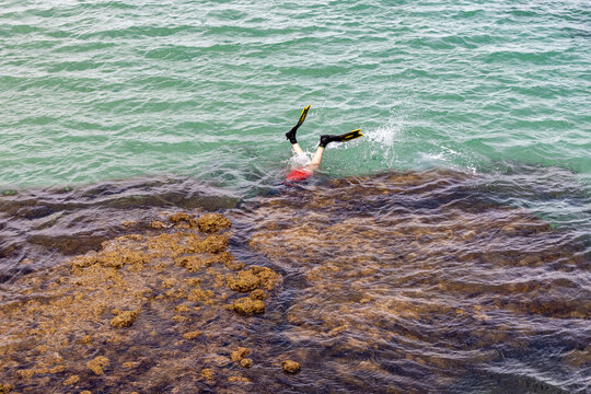 A male snorkelling around the reefs at Port Noarlunga South Australia on February 28th 2022