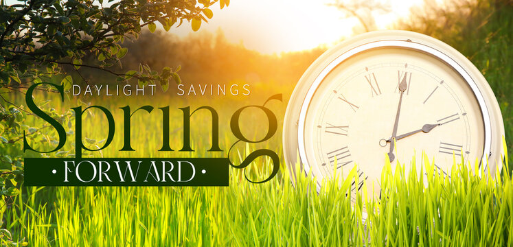 Clock in green grass outdoors. Spring forward