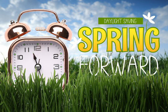 Alarm clock in green grass outdoors. Spring forward