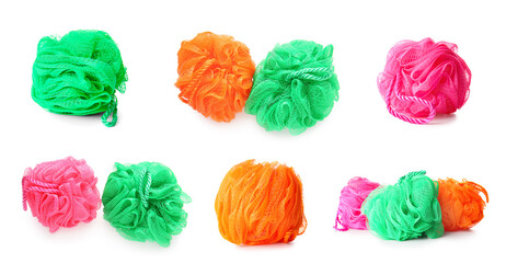 Set of mesh bath sponges isolated on white