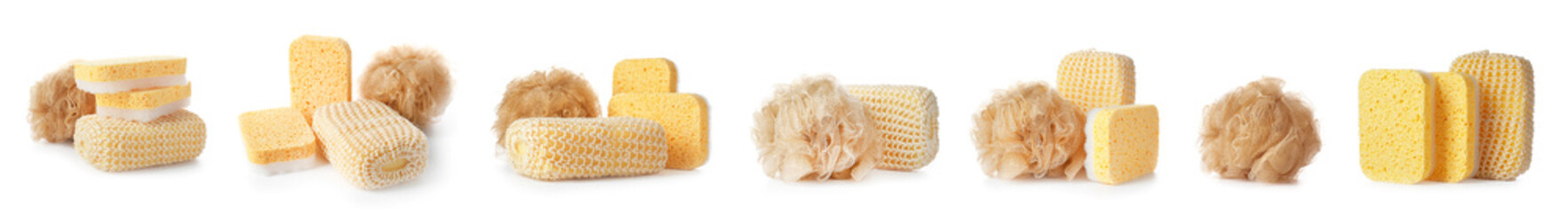 Set of different bath sponges isolated on white