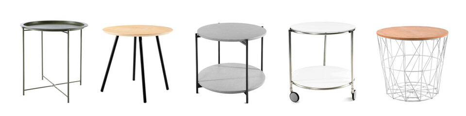 Set of different round coffee tables isolated on white