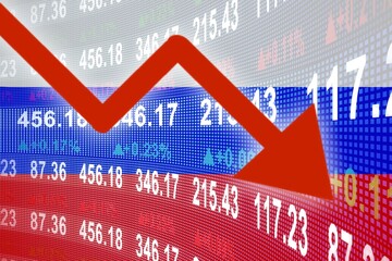 Economic crisis with stock market chart background. Russian flag painted with financial money...