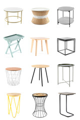 Set of different stylish coffee tables isolated on white