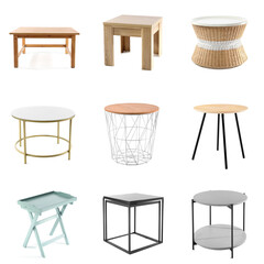 Set of different stylish coffee tables isolated on white