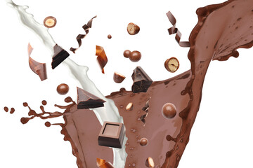 Falling pieces of tasty chocolate, nuts, splashes of milk and cacao isolated on white