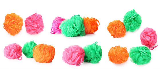 Set of mesh bath sponges isolated on white