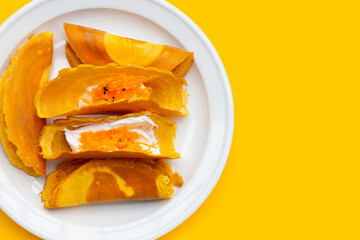 Thai crispy pancakes on white background.