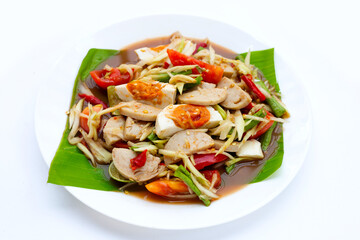 Spicy papaya salad with salted egg and vietnamese pork sausage