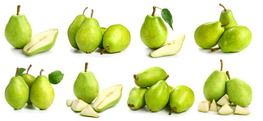 Set of ripe green pears isolated on white