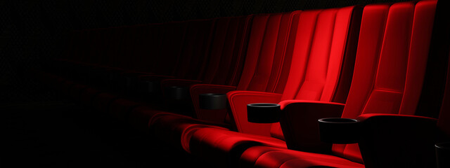 Rows of red velvet seats watching movies in the cinema with copy space banner background. Entertainment and Theater concept. 3D illustration rendering - obrazy, fototapety, plakaty