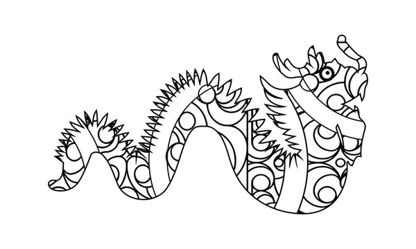 Chinese dragon in zentangle style. Adult antistress coloring page. Black and white hand drawn doodle for coloring book