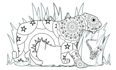 Stylized tiger (lion, wildcat), isolated on white background. Freehand sketch for adult anti stress coloring book page with doodle and zentangle elements.Vector, Image of Coloring Pages Tiger, 