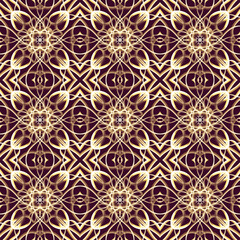Seamless ornamental royal surface pattern in golden color with maroon background. Use for fashion design, clothing, fabrics, home decoration, bedding, wallpapers, invitations and greeting cards