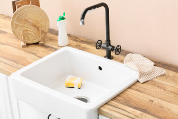 Fototapeta na wymiar Cleaning sponge and detergent in ceramic sink
