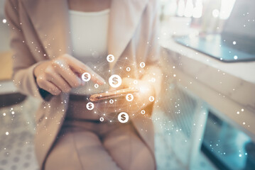 Asian woman hand using mobile smart phone with online transaction application. Concept of financial...