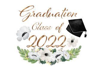 Class of 2022 graduation congratulations flower and leaves background, vintage watercolor...