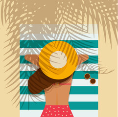 A woman is sunbathing on the beach under a palm tree. Flat style.