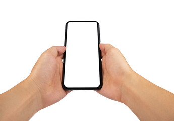 Close up point of view male holding phone on white blank screen for montage mockup display device.