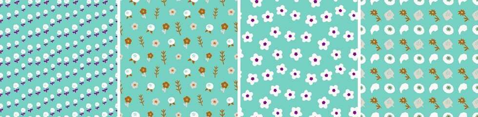 Collection of cute botanical seamless patterns. Spring summer illustrations