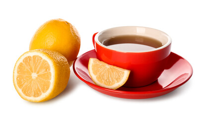 Cup of tea for sore throat with lemon on white background