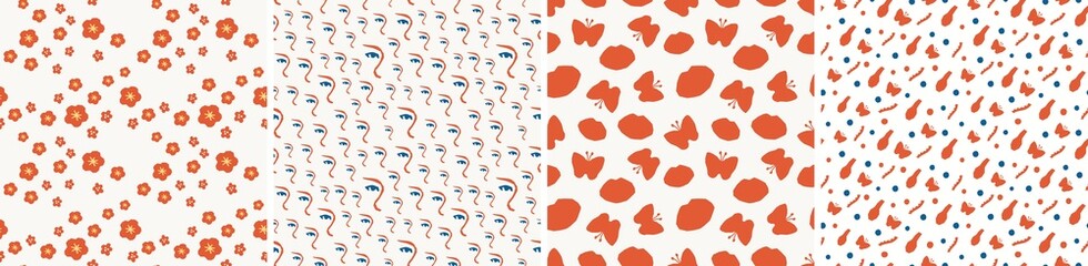 Collection of cute botanical seamless patterns. Spring summer illustrations