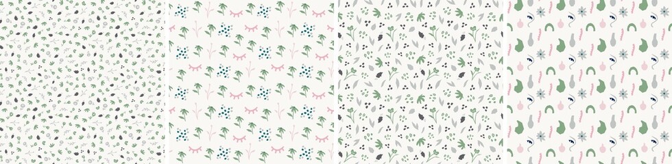 Collection of cute botanical seamless patterns. Spring summer illustrations