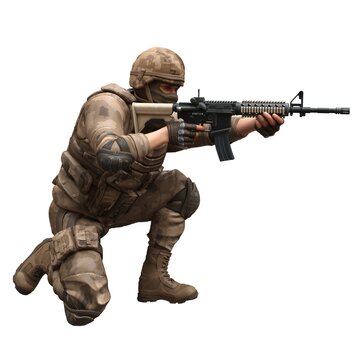 Soldier with a machine gun isolated white background 3d illustration