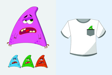 Bright white T-shirt with a pocket and a monster print in various colors on a plain background