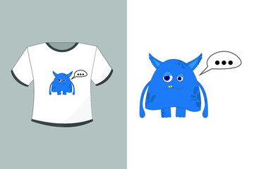 Bright white T-shirt with a blue monster print on a plain background