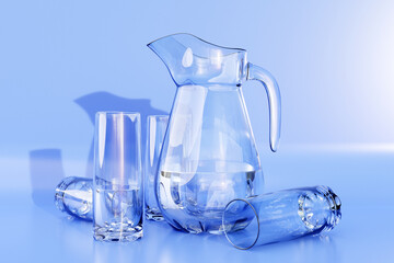 A decanter and a glass for milk, water or juice on a blue isolated background. 3d illustration
