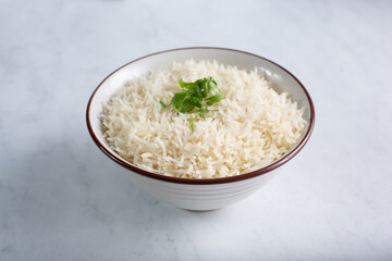A view of a bowl of basmati rice.