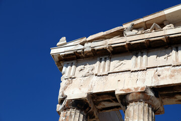 Acropolis Parthenon Temple detail in Athens, Greece. Acropolis is an ancient citadel located on a rocky outcrop above the city of Athens.