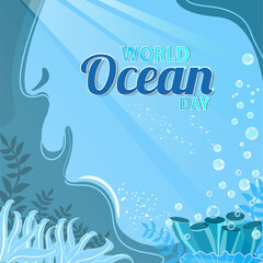 Beautiful tropical sea nature blue background. Marine life landscape - Island in the sea and underwater world with seaweed, sea garlands. World ocean day illustration.