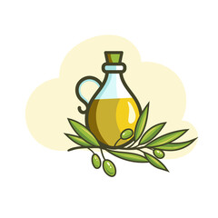 glass bottle of olive oil and olives with leaves