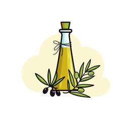 glass bottle of olive oil and olives with leaves