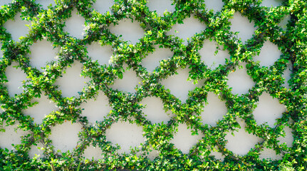 Green Ivy Leaves Growing On A Garden Wall In A Trellis Pattern - 500826290