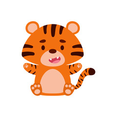 Cute little sitting tiger. Cartoon animal character design for kids t-shirts, nursery decoration, baby shower, greeting cards, invitations, bookmark, house interior. Vector stock illustration