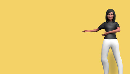 3d illustration cartoon character, Beautiful girl left pointing, happy and smiling, standing in front of a yellow background