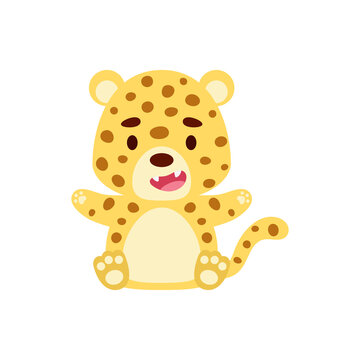 Cute little sitting cheetah. Cartoon animal character design for kids t-shirts, nursery decoration, baby shower, greeting cards, invitations, bookmark, house interior. Vector stock illustration