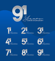 Set of Anniversary logotype silver color with blue background for celebration