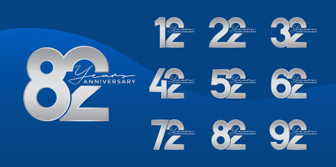 Set of Anniversary logotype silver color with blue background for celebration