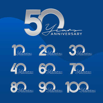 Set of Anniversary logotype silver color with blue background for celebration