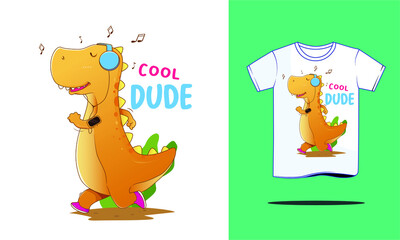 cute dino jogging with ear phone t-shirt design hand drawn